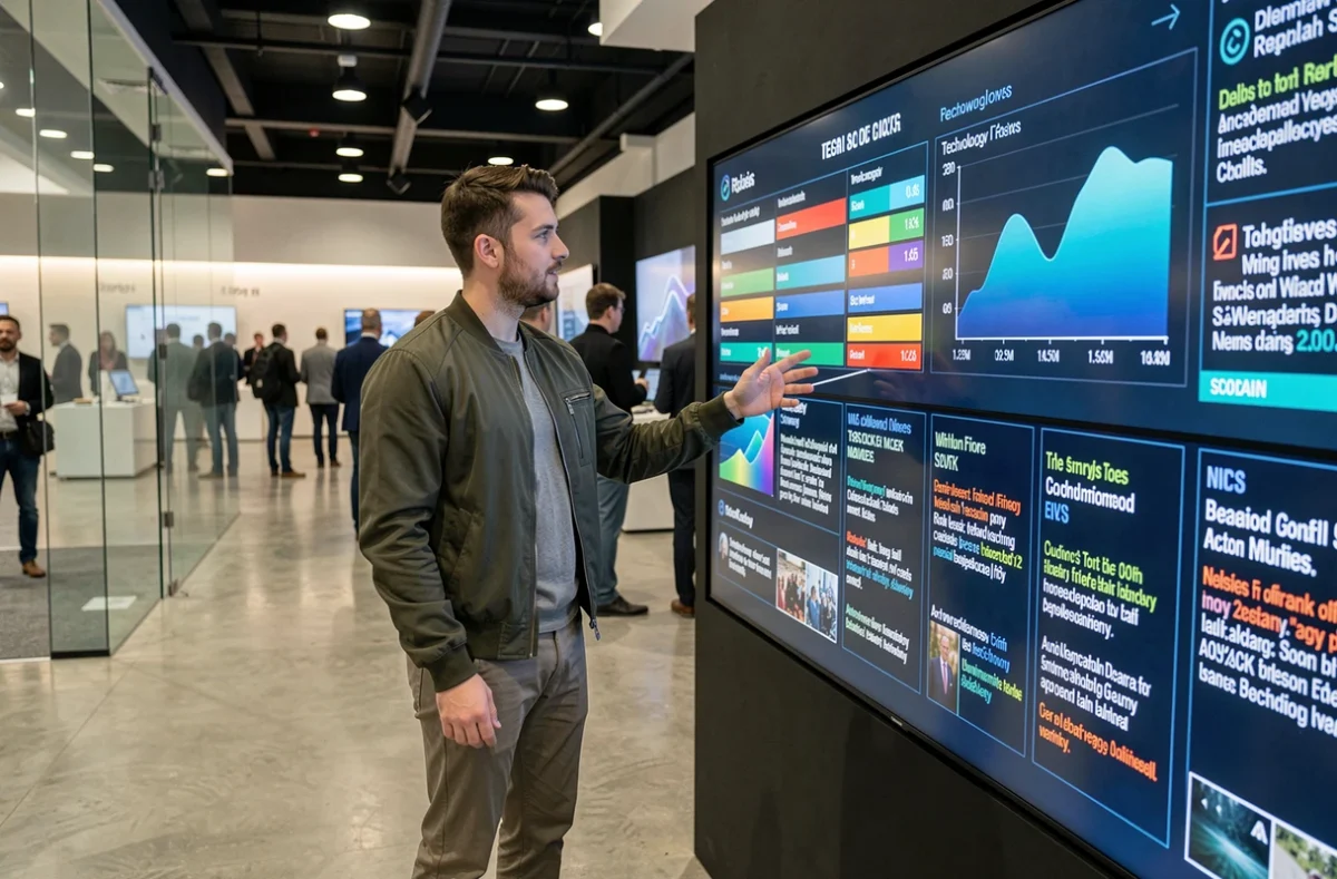 Homme interagissant avec un écran tactile géant présentant des actualités technologiques dans une exposition moderne