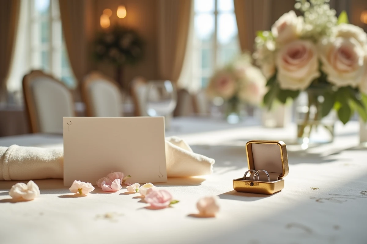 Alliances en platine et faire-part manuscrit sur une table de réception de mariage dans un château français