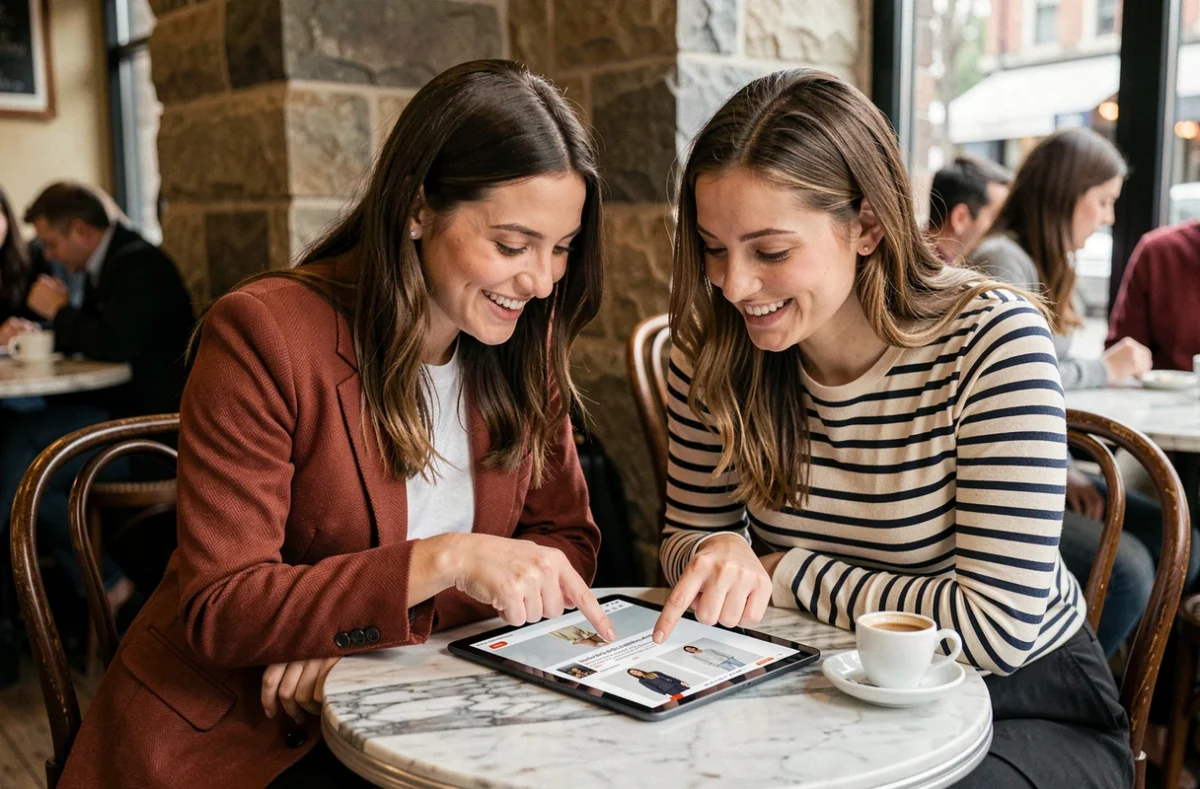 Deux femmes consultant un site de mode en ligne sur une tablette dans un café urbain chaleureux