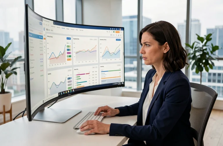 Analyste SEO femme examinant des tableaux de bord de performances SEO sur un grand écran incurvé dans un bureau moderne