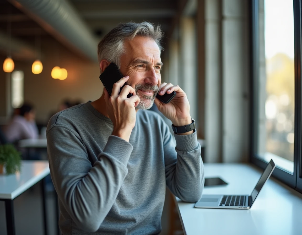 Homme appelant le support client Roomlala depuis un espace de coworking moderne