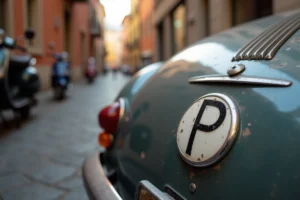 Gros plan sur le badge P emblématique d'une voiture italienne ancienne, monté sur la carrosserie arrière sombre avec une texture en émail et chrome patiné