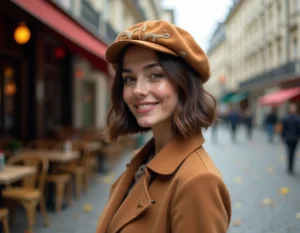 Femme portant un bob Ricard personnalisé avec broderies géométriques tendance 2026 dans une rue parisienne pavée en automne