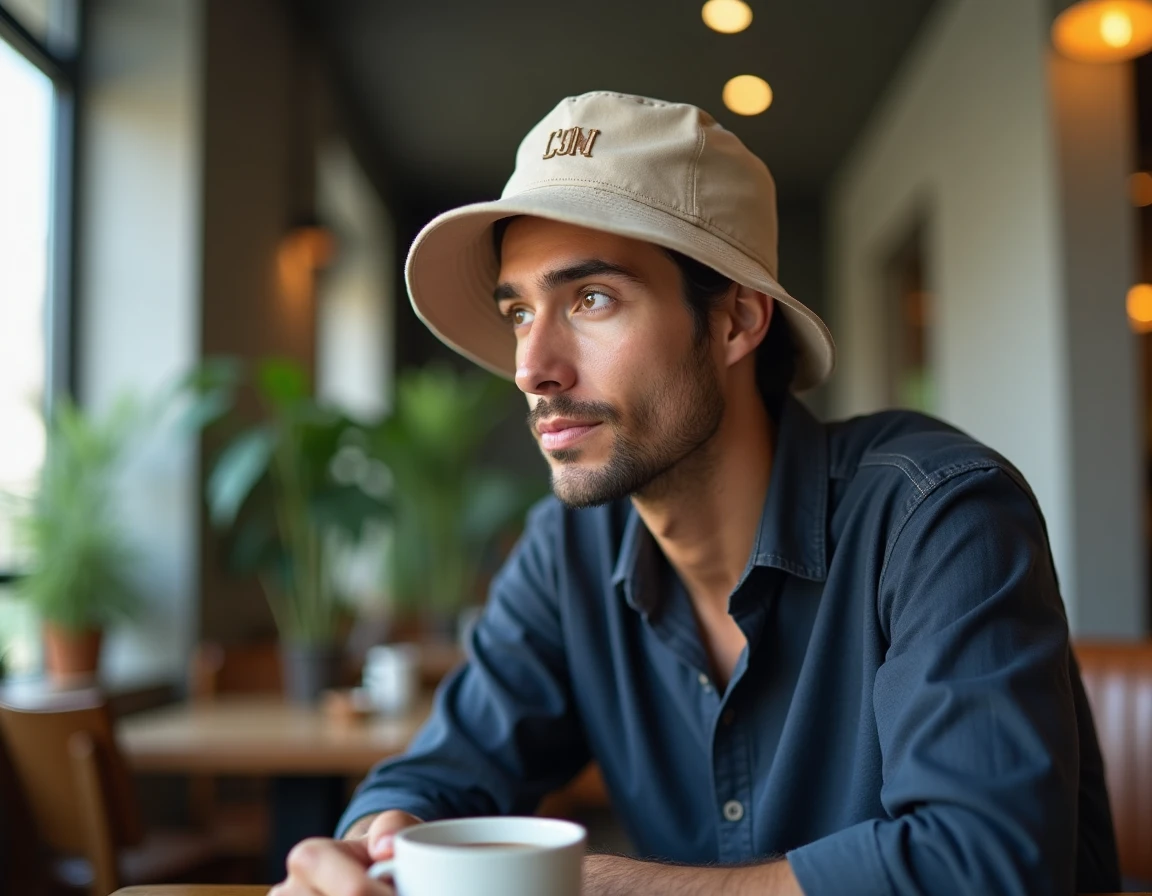 Homme portant un bob Ricard personnalisé minimaliste avec monogramme dans un café moderne aux murs en béton
