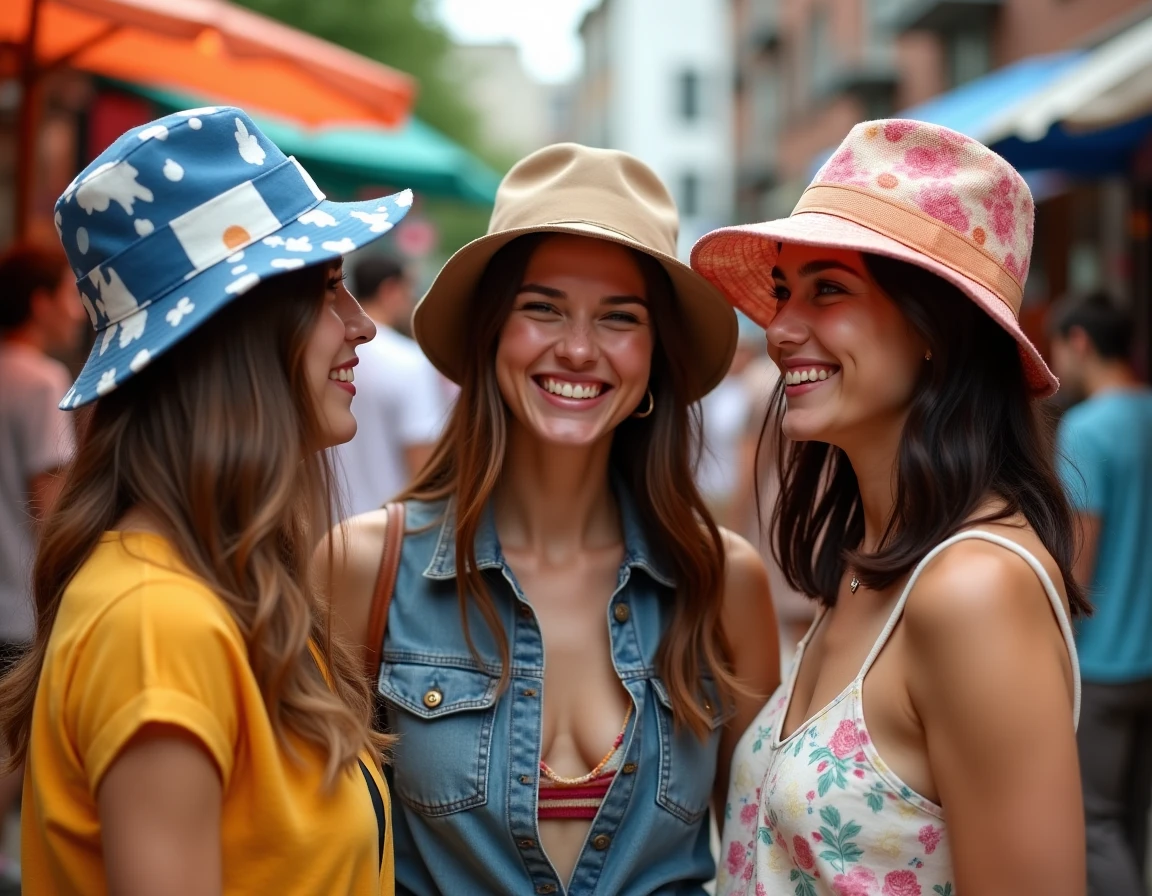 Groupe d'amis portant des bobs Ricard personnalisés avec différentes tendances 2026 dans un marché urbain animé