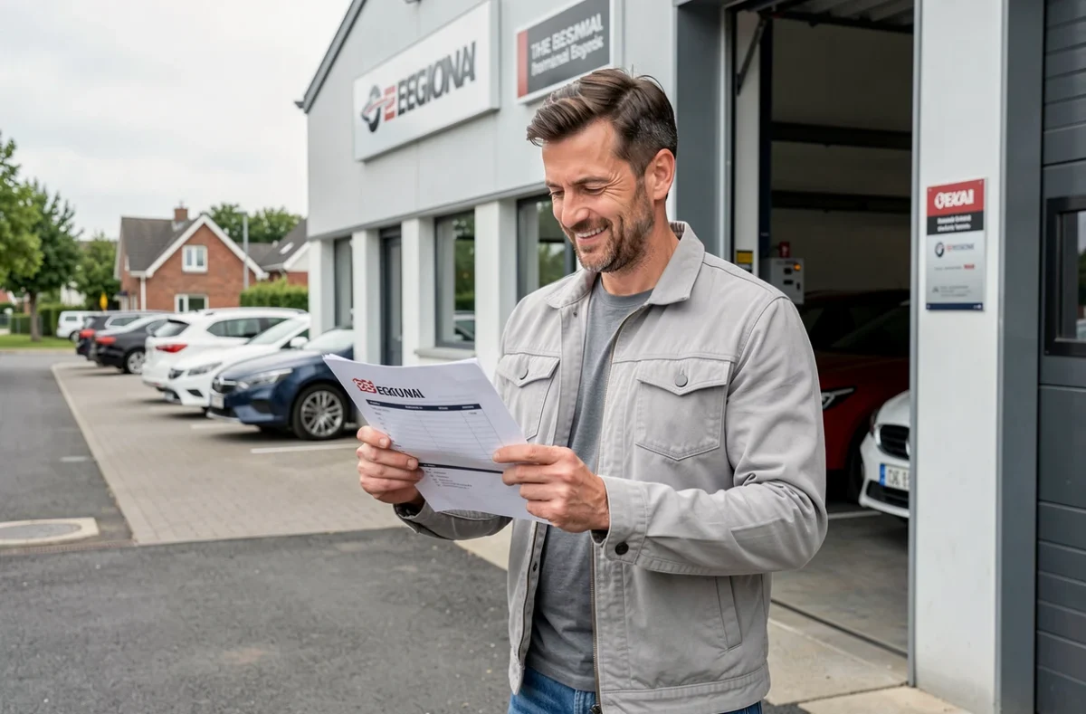 Client satisfait consultant un devis de service devant la façade d'un garage Armoric Auto
