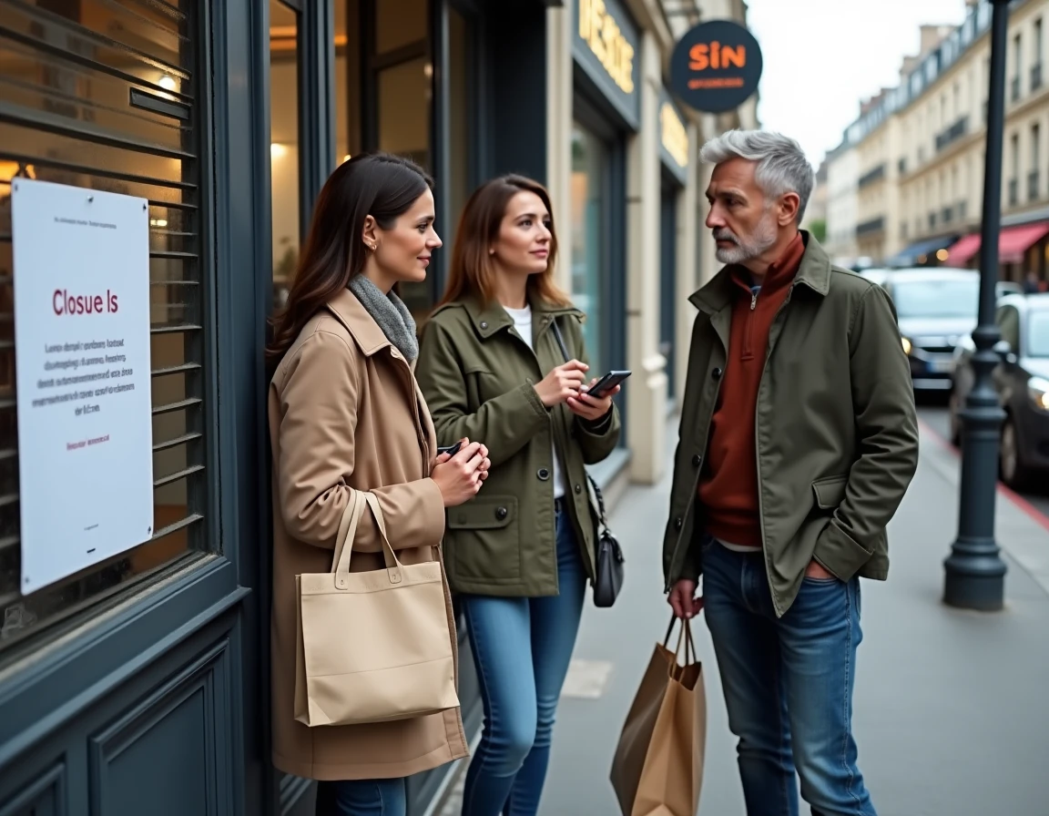 Des clients découvrant la fermeture d'une Galerie Lafayette devant la grille baissée du magasin