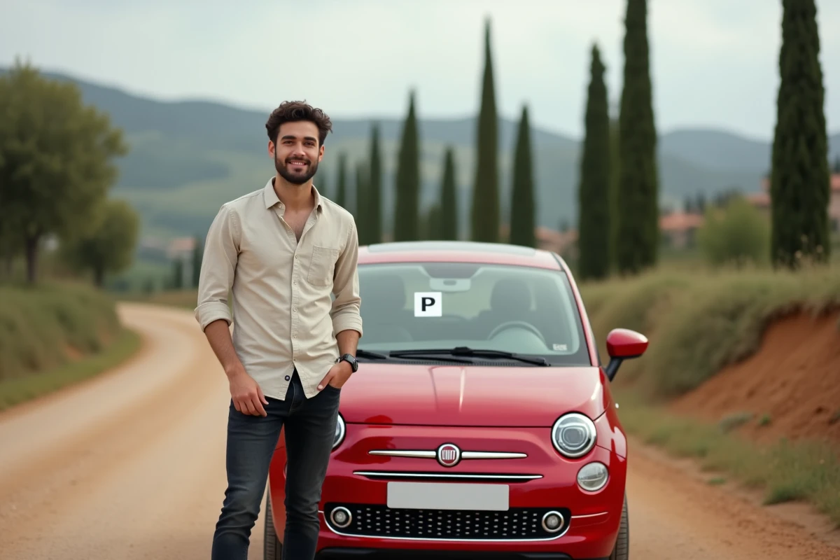Jeune homme italien désignant l'autocollant P sur le pare-brise arrière de sa Fiat rouge garée au bord d'une route toscane