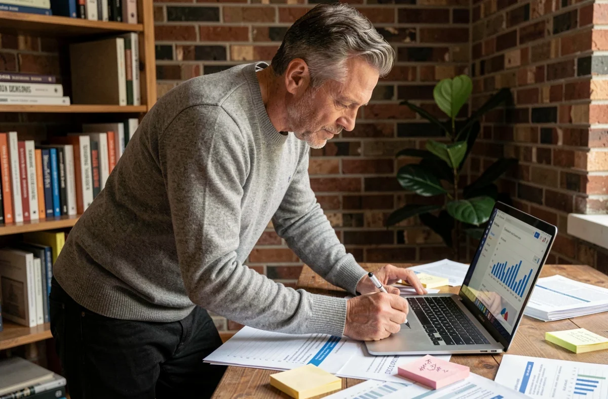 Consultant SEO analysant des rapports d'audit SEO imprimés et un tableau Google Search Console dans un bureau à domicile