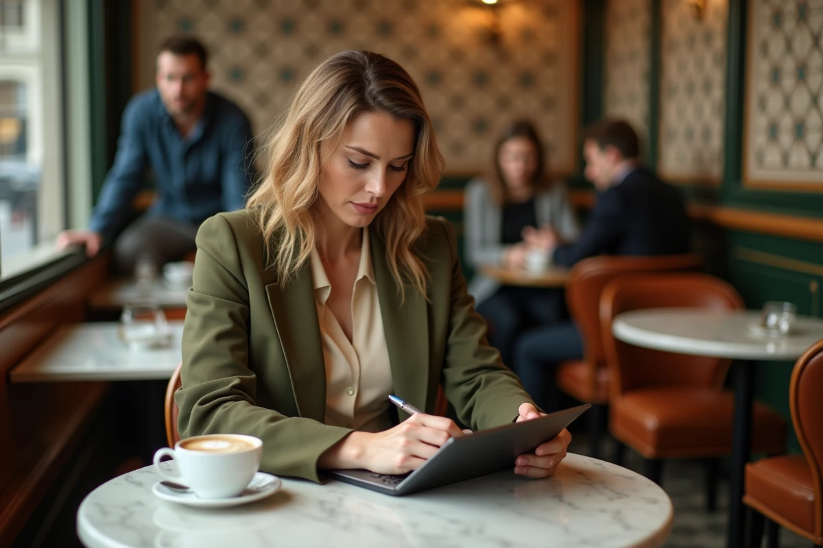 Femme rédigeant un message sur une tablette dans un café parisien, symbolisant les différentes façons de contacter une personne professionnelle
