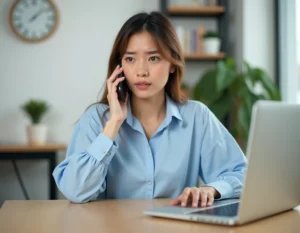 Femme contactant le service client Roomlala par téléphone depuis son bureau à domicile