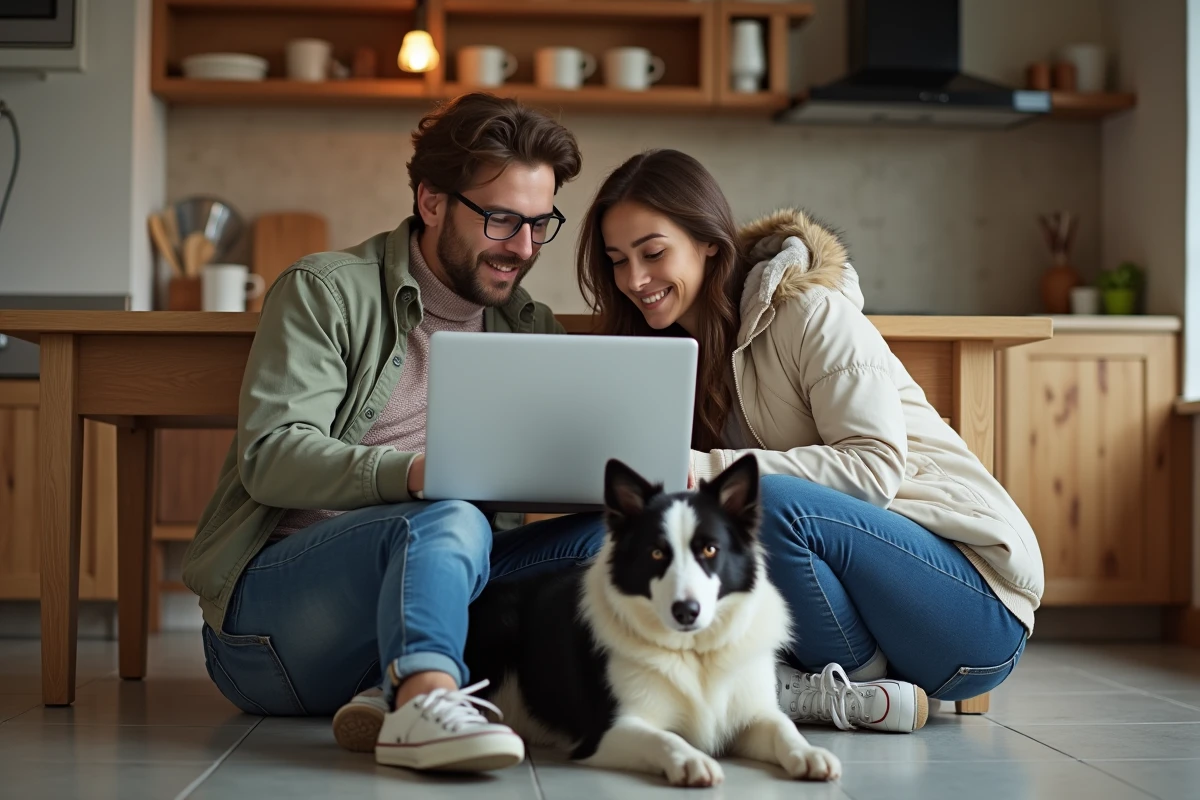 Couple comparant des offres d'assurance pour animaux sur un ordinateur portable avec leur chien border collie dans une cuisine moderne
