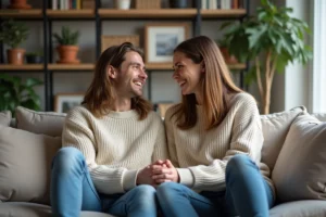 Jeune couple souriant dans un salon cosy et moderne