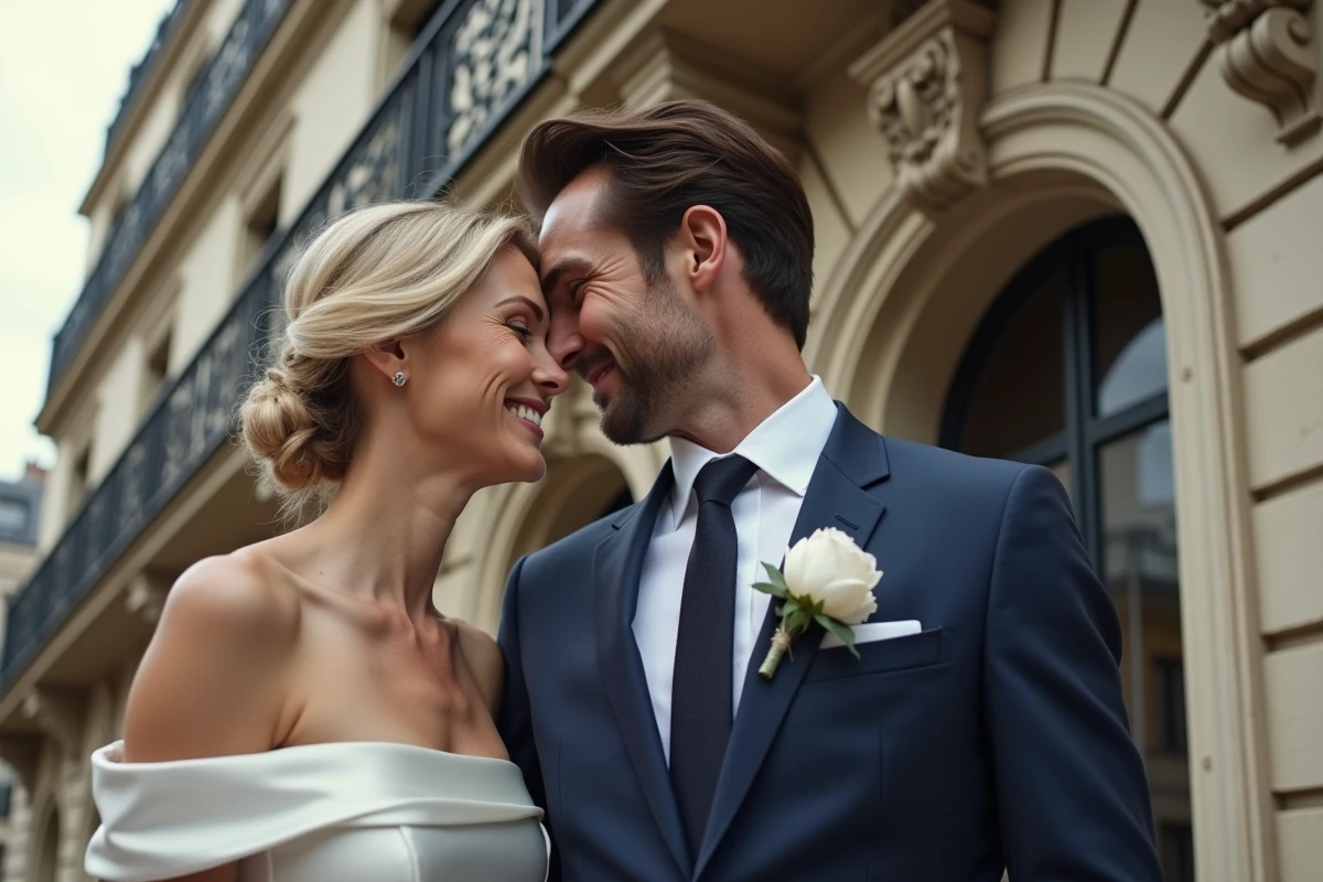 Couple de mariés devant une façade haussmannienne parisienne lors d'une cérémonie de mariage chic