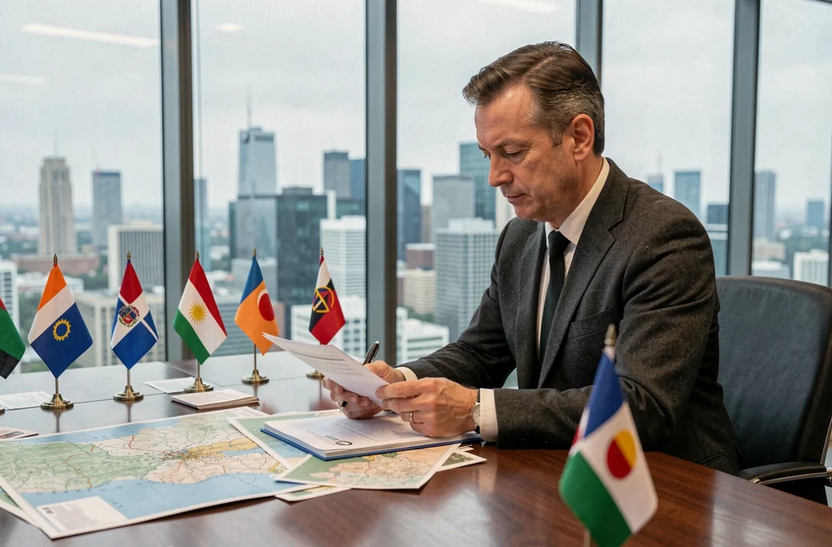 Diplomate analysant des cartes géopolitiques lors d'un sommet international moderne
