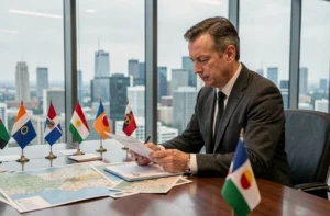 Diplomate analysant des cartes géopolitiques lors d'un sommet international moderne