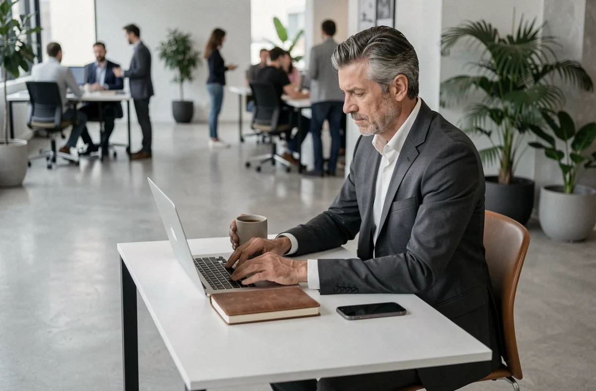 Entrepreneur concentré travaillant sur un ordinateur portable dans un espace de coworking contemporain avec plantes et béton poli