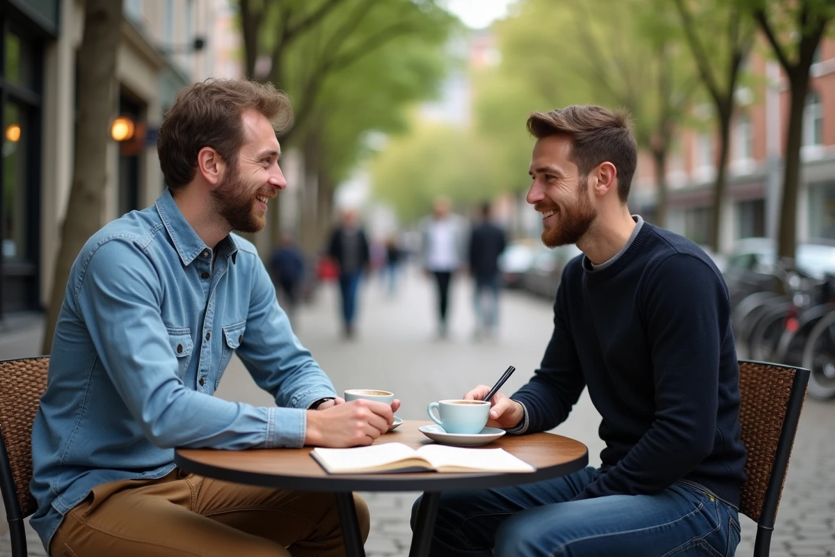 Deux entrepreneurs en pleine conversation réseau autour d'un café en terrasse urbaine avec carnet de notes et idées partagées