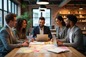 Groupe d'entrepreneurs en réunion créative autour d'une table dans un espace de coworking moderne avec des notes et des ordinateurs portables