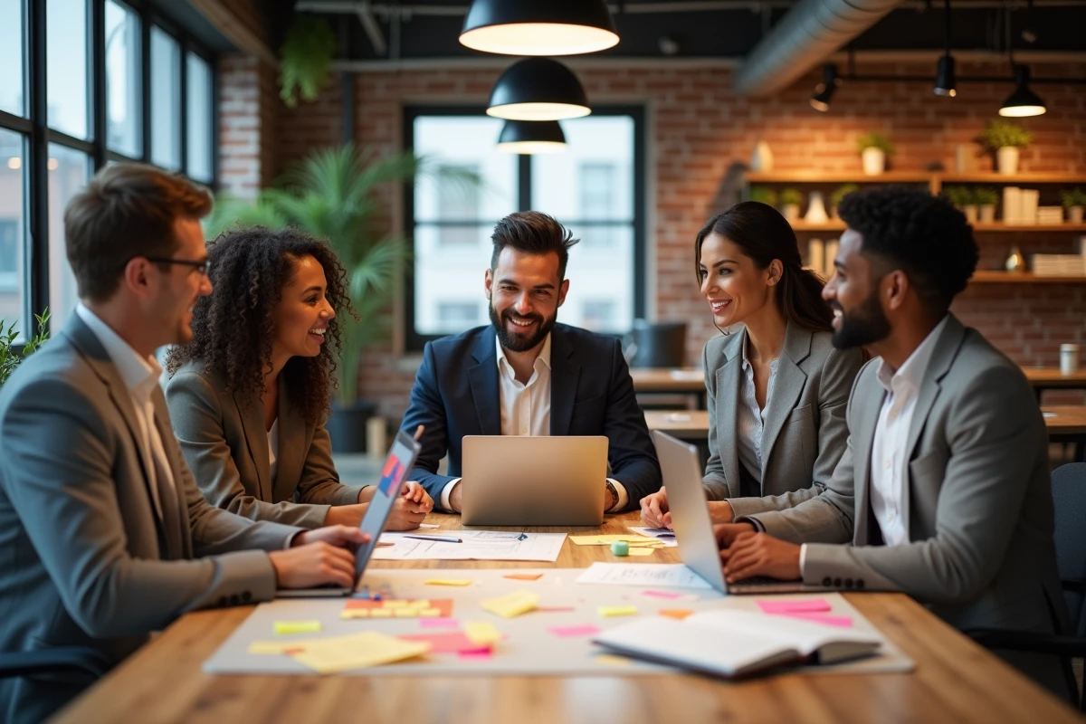 Groupe d'entrepreneurs en réunion créative autour d'une table dans un espace de coworking moderne avec des notes et des ordinateurs portables
