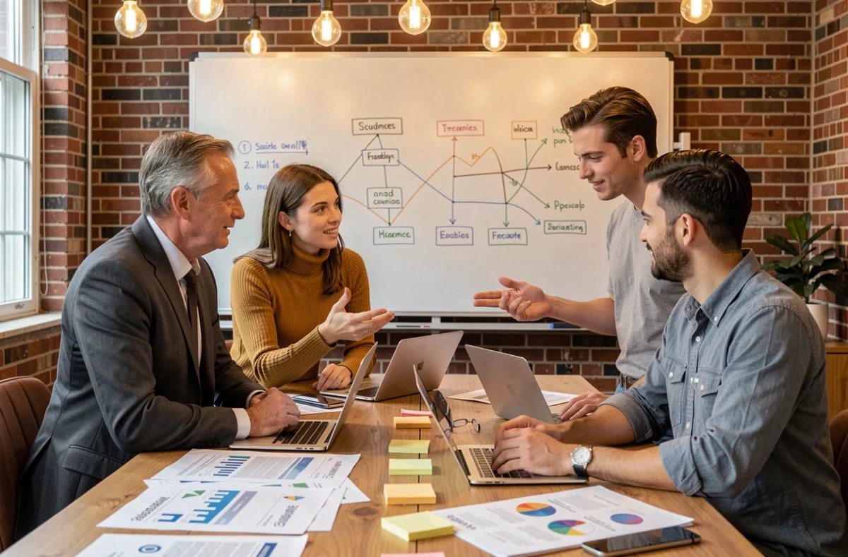 Équipe de professionnels en réunion stratégique autour d'une table de conférence avec tableaux de tendances et laptops