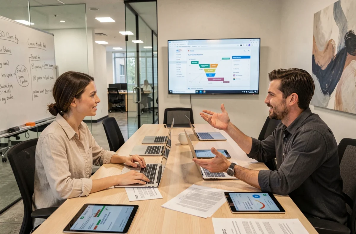 Deux professionnels du SEO collaborant autour d'un tableau de bord de métriques de performance SEO en salle de réunion