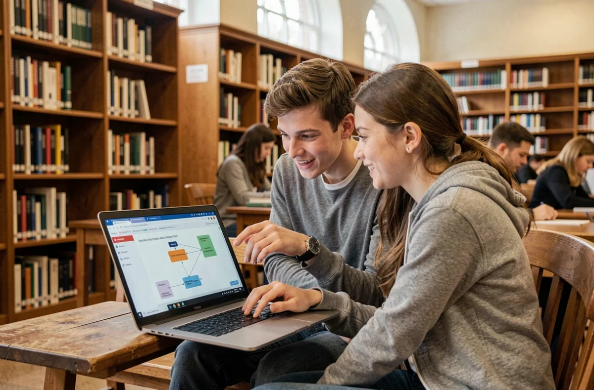 Deux étudiants universitaires étudiant ensemble l'algorithmique sur un ordinateur portable dans une bibliothèque