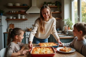 Mère souriante servant des lasagnes maison à ses enfants dans la cuisine
