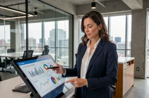Femme d'affaires analysant des données sur un écran interactif dans un bureau moderne avec vue sur la ville
