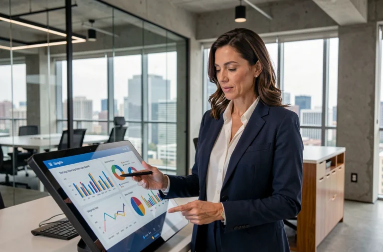 Femme d'affaires analysant des données sur un écran interactif dans un bureau moderne avec vue sur la ville
