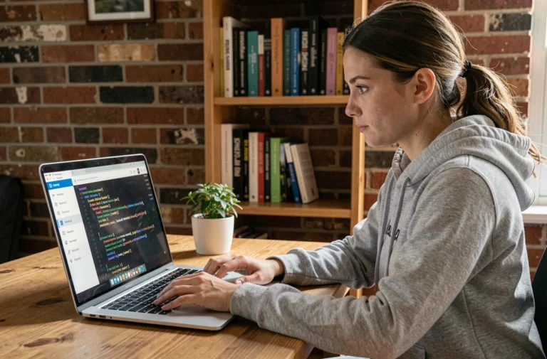 Jeune femme apprenant l'informatique en ligne sur un ordinateur portable dans un bureau à domicile avec des livres de programmation