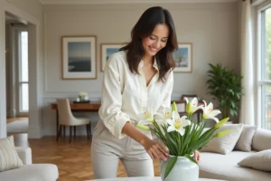 Femme sophistiquée arrangeant des lys blancs dans un salon élégant
