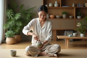Femme asiatique en train de verser du thé dans un salon zen