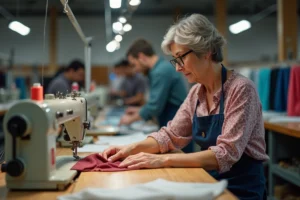 Femme inspectant un tissu dans un atelier textile