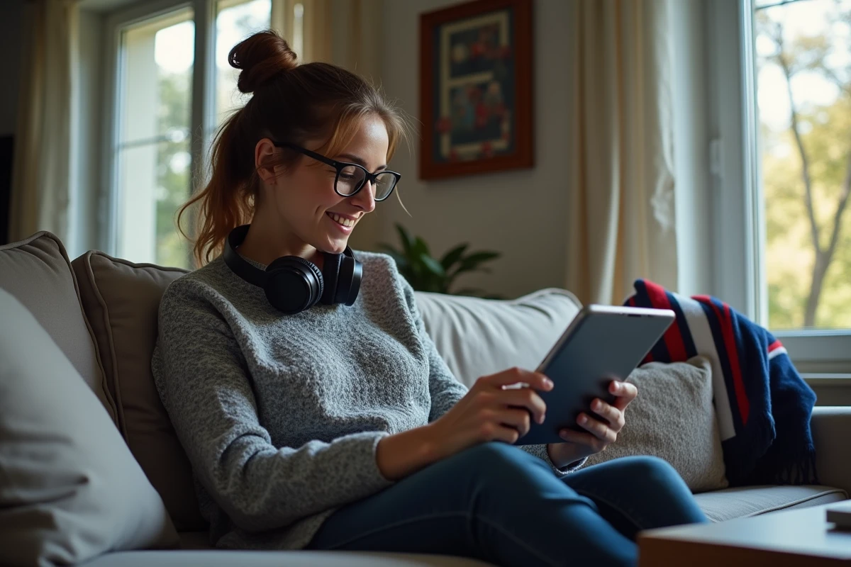 Femme regardant un site de streaming football sur sa tablette