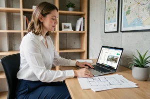 Femme professionnelle analysant des plans immobiliers et des ressources pour un projet d'achat immobilier à son bureau