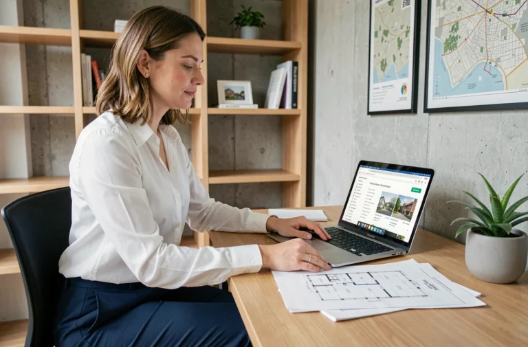 Femme professionnelle analysant des plans immobiliers et des ressources pour un projet d'achat immobilier à son bureau