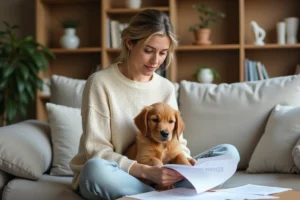 Femme assise sur un canapé avec son chiot golden retriever, consultant des documents sur une assurance pour animaux de compagnie