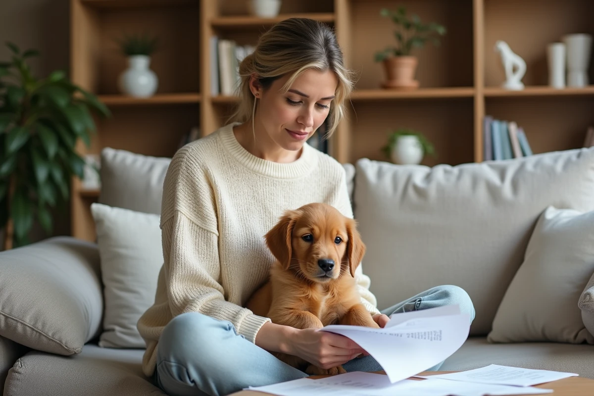 Femme assise sur un canapé avec son chiot golden retriever, consultant des documents sur une assurance pour animaux de compagnie
