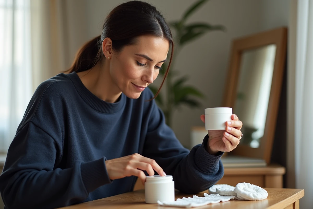 Femme comparant deux produits de soin pour le visage assise à sa coiffeuse, choisir entre Caudalie et Nuxe