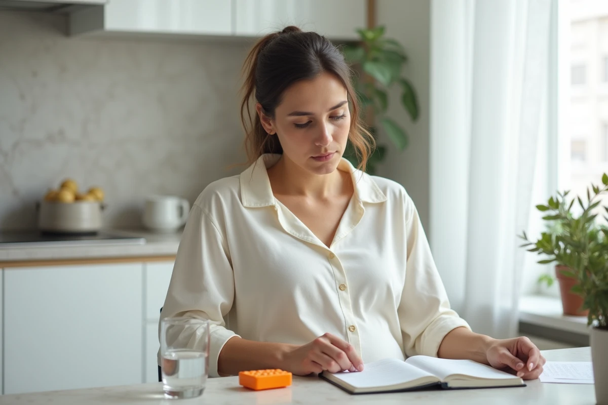 Femme enceinte fatiguée lisant la notice d'un médicament contre les nausées matinales à table dans sa cuisine