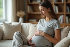 Femme enceinte tenant un pilulier blanc assise sur un canapé beige, illustrant la prise de médicaments contre les nausées pendant la grossesse