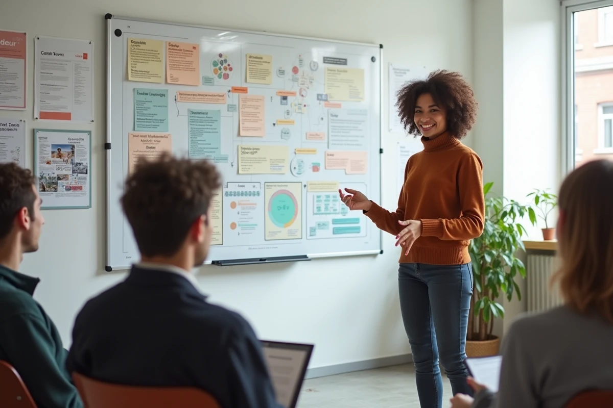 Jeune femme entrepreneur présentant ses idées innovantes sur un tableau blanc devant une équipe créative dans un bureau startup