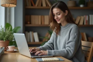 Femme joue à Scrabble en ligne sur son ordinateur portable