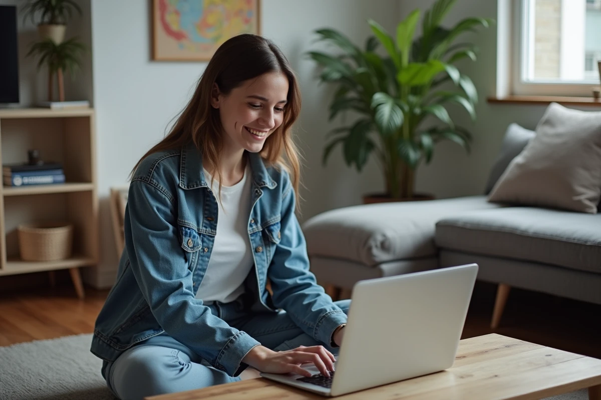 Jeune femme souriante utilisant un laptop pour configurer eMule