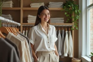 Jeune femme en mode éthique dans une boutique écologique
