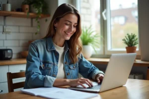 Jeune femme payant en ligne dans sa cuisine chaleureuse