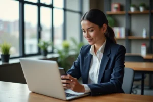 Femme professionnelle assise à un bureau moderne consultant son smartphone et son ordinateur portable pour gérer ses contacts