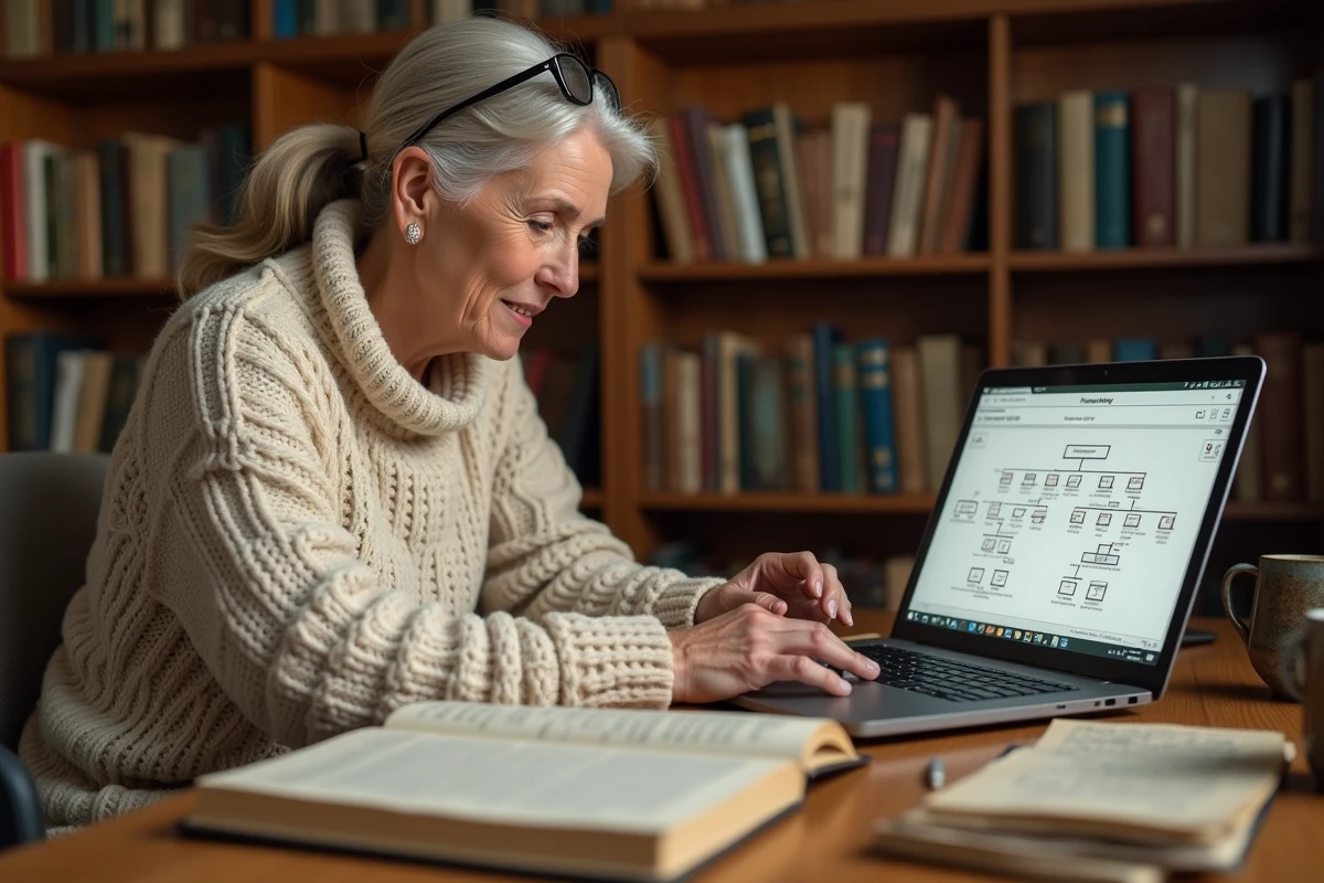 Femme utilisant un ordinateur portable pour comparer des plateformes de généalogie en ligne avec des photos de famille anciennes sur son bureau