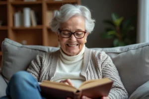 Femme senior souriante lisant un livre dans un salon chaleureux